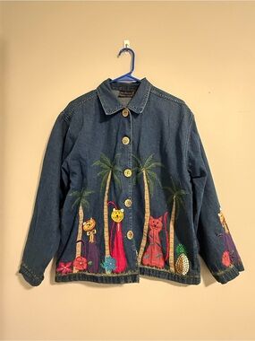 new directions Blue Denim Jacket with Embroidered Tropical Cats